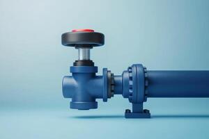 Blue industrial pipe with valve on light blue background showcasing plumbing hardware details photo