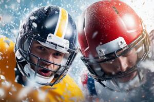 Two football players collide in a snowy outdoor stadium during an intense game in winter conditions photo