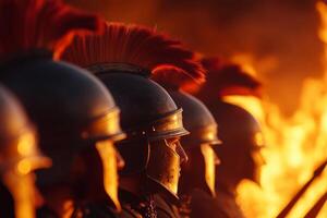 Historic reenactors in traditional Roman armor stand in formation against a backdrop of flames during a festival in the evening sky photo