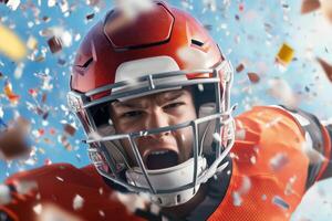 Passionate football player celebrating victory with intensity amidst a shower of confetti during an exciting match photo