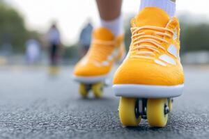 Bright yellow roller skates in motion on an outdoor pavement during a sunny day photo