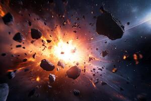 An explosive cosmic event unfolds in deep space, showcasing flying asteroids amidst a backdrop of vibrant colors and glowing debris, creating a stunning celestial spectacle photo