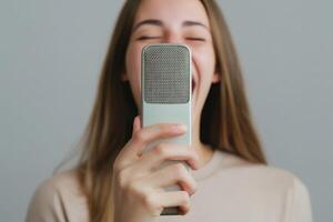 Woman enjoying singing into a microphone with a joyful expression in a minimalistic indoor setting photo
