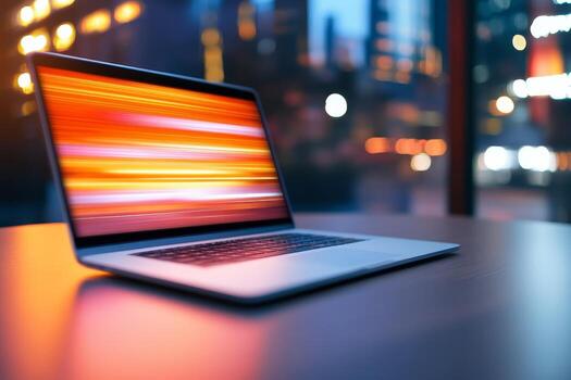 Modern laptop with vibrant screen display in urban setting during twilight hours showcasing creativity and technology photo