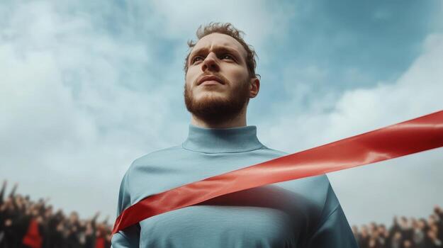 Champion stands confidently at the finish line with red ribbon symbolizing victory amidst cheering crowd in dramatic setting photo