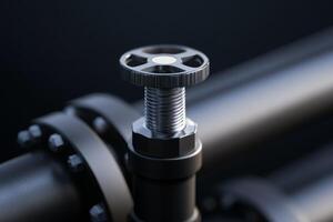 Close-up of a metallic valve on industrial piping showcasing precision engineering in a dark setting photo