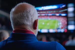 Elderly man watching sports on large screen in bar, enjoying the excitement of the match with friends photo