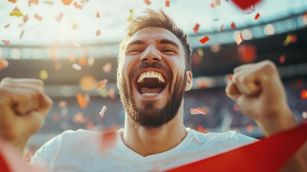 A man expresses pure joy and excitement after a victory celebration. He stands in a sports arena, cheering loudly with confetti falling around him, creating a festive atmosphere photo