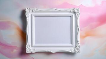 Decorative white picture frame on pastel painted background for art display and decoration ideas in interior design photo