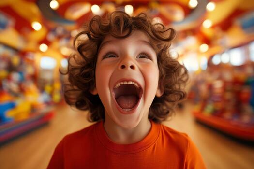 Excited child enjoying playtime in a colorful toy store filled with toys and games during daytime photo