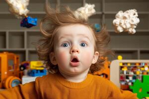 Curious toddler with surprised expression against playful background filled with toys and colorful decorations photo