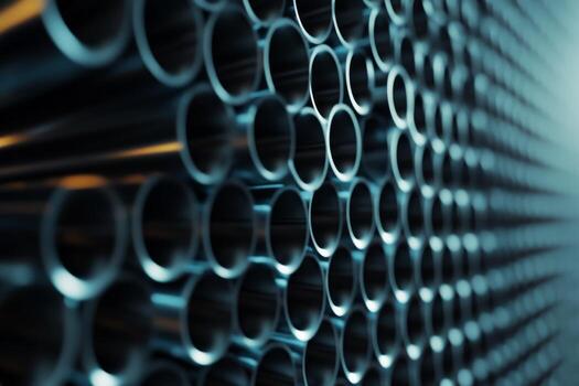 Rows of shiny metallic pipes arranged perfectly in a commercial setting under artificial lighting photo