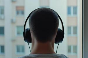 Young person listening to music while gazing out a window in a modern urban apartment during daylight hours photo