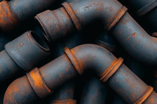 Rusty metal pipes stacked together showcasing industrial texture and design elements in urban environment photo