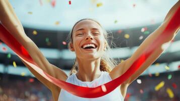 Joyful athlete celebrates victory at sports event with confetti in the air at a sunny stadium photo