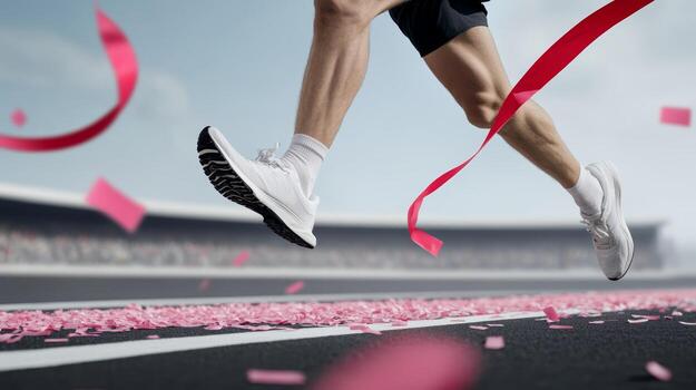 Runner crossing finish line with pink ribbons at track event on a sunny day in a vibrant stadium photo