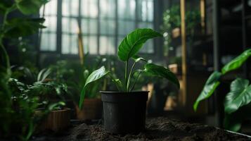 Indoor plant display in a well-lit greenhouse setting with sunlight streaming through windows photo