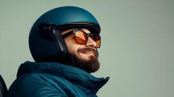 Man with a stylish helmet and sunglasses smiling confidently in a minimalist setting showcasing modern fashion and attitude photo
