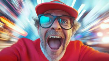 Man with glasses and red cap expresses excitement in a vibrant urban environment during nighttime photo