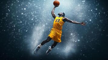 Dynamic basketball player performing a slam dunk in an outdoor court during a night game with dramatic lighting effects photo