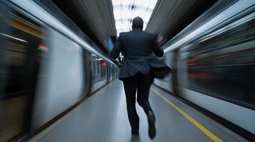 Businessman rushing to catch the subway train during morning commute in an urban setting photo