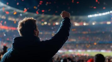 Cheering fan celebrating victory at a nighttime sports event in a large stadium filled with excitement and vibrant colors photo