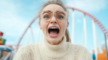 Woman expressing extreme excitement while riding roller coaster at amusement park during sunny day with clear blue sky photo