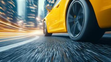 High-speed yellow sports car racing through a city street at night with motion blur showcasing dynamic energy photo