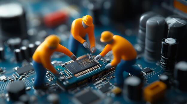 Miniature workers repairing a computer chip on a circuit board at a technology workshop photo
