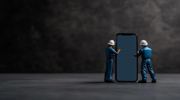 Construction workers inspecting a large smartphone model in a minimalistic setting photo