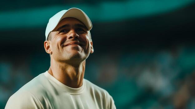 Smiling athlete during sporting event in outdoor stadium with bright green background and cheering crowd photo