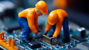 Miniature workers assembling a computer chip on a circuit board in a detailed close-up shot showcasing technology and craftsmanship skills photo