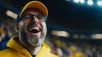 Cheering fan enjoys exciting moment during sports event at stadium in bright atmosphere photo