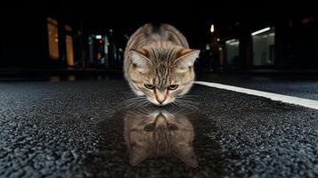 Cat exploring a dark urban street at night, reflecting in a puddle on the asphalt surface photo