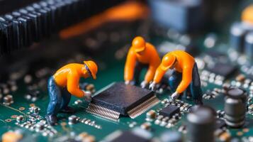 Miniature workers assembling a computer chip on a circuit board in a close-up view of electronic components during a tech project photo