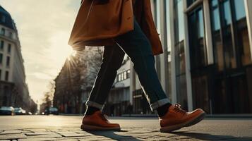 Sunset walk along city street with orange shoes and warm light in urban environment photo