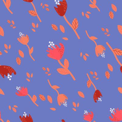 Seamless summer pattern on a blue background with flowers and leaves, illustration for printing, textiles, fabric.