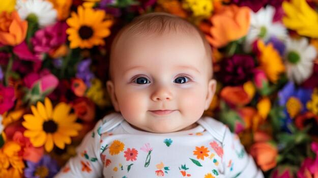 Smile of a baby surrounded by colorful flowers in a vibrant, cheerful setting photo