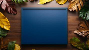 Elegant blue background surrounded by vivid tropical leaves ideal for creative presentations and design projects photo