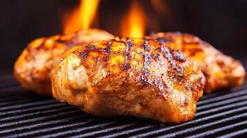 Grilled chicken breast sizzling over high flames in a barbecue setting at a summer cookout photo