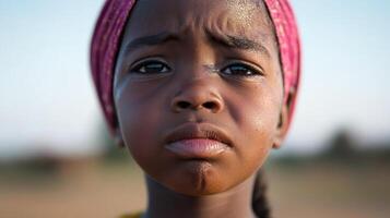 Child with thoughtful expression during golden hour in a rural setting, showcasing resilience and curiosity photo