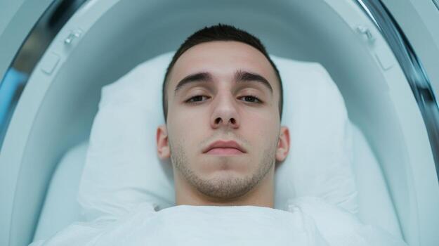 Patient undergoing medical scan in a clinical setting with focus on face and neutral expression photo
