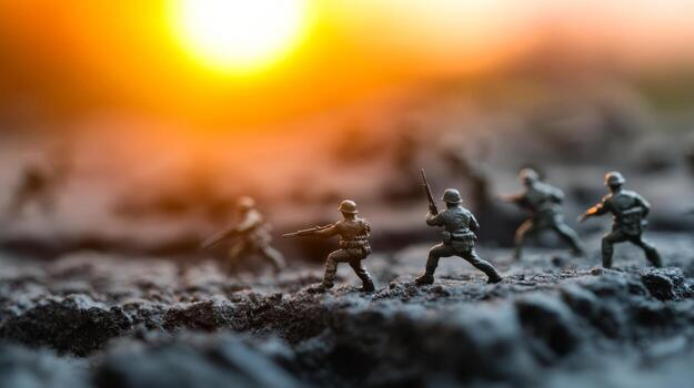 miniatura soldados en un campo de batalla a puesta de sol creando un dramático militar escena con suave Encendiendo foto