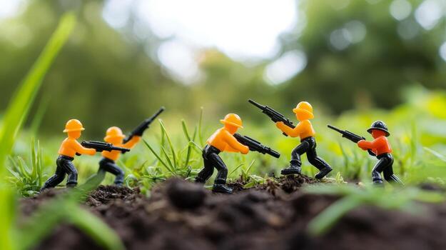 juguete soldados contratar en un juguetón batalla en medio de verde césped en un soleado día en un patio interior ajuste foto
