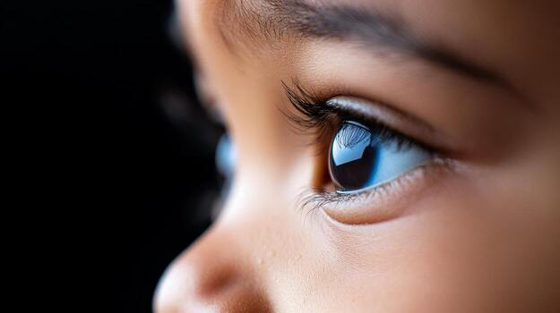 de cerca de un niño ojo reflejando naturaleza en el antecedentes durante dorado hora ligero foto