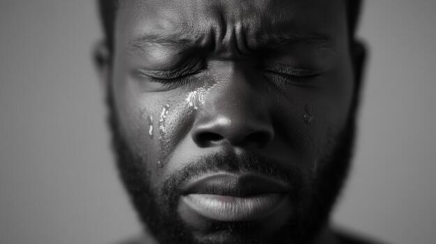 Emotional portrait of a man expressing deep sadness with tears streaming down his face in a monochrome setting photo