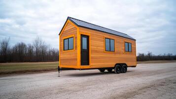 Bright yellow tiny house on wheels parked in rural landscape with cloudy sky during early afternoon photo