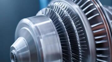 High detail shot of a gas turbine engine showcasing intricate design and engineering in a modern industrial environment photo