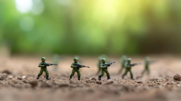 pequeño soldados en verde uniformes maniobra en un suciedad superficie con borroso antecedentes representando un natural ajuste foto