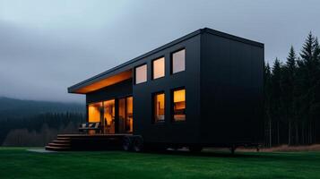 Modern black tiny house with warm lighting in serene forest setting at dusk photo
